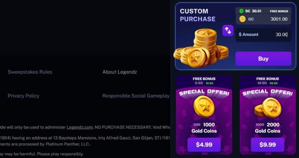 Legendz Casino purchases